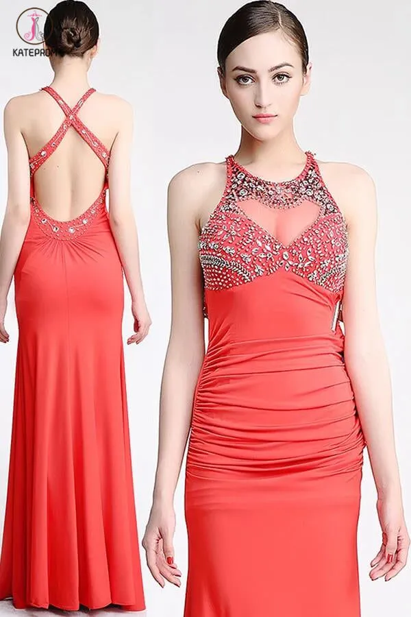 Backless Watermelon Sheath Mermaid Beaded Prom Dresses KPP0042