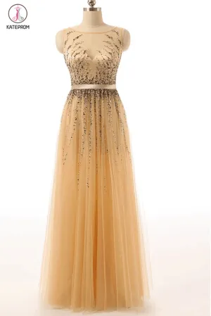 Beaded Gold Long Cap Sleeves Modest Prom Party Dresses KPP0063