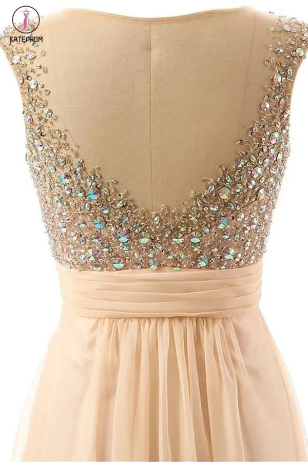 Long Beaded A-line Open Back Elegant Prom Dresses KPP0024