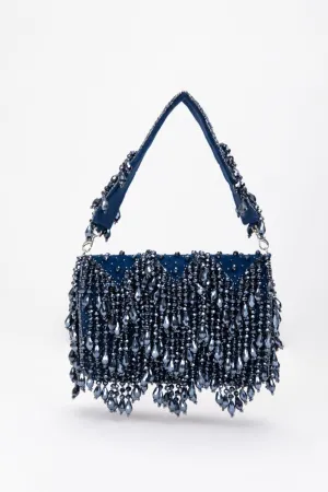 Navy Blue Beaded Party Handbag With Elegant Design