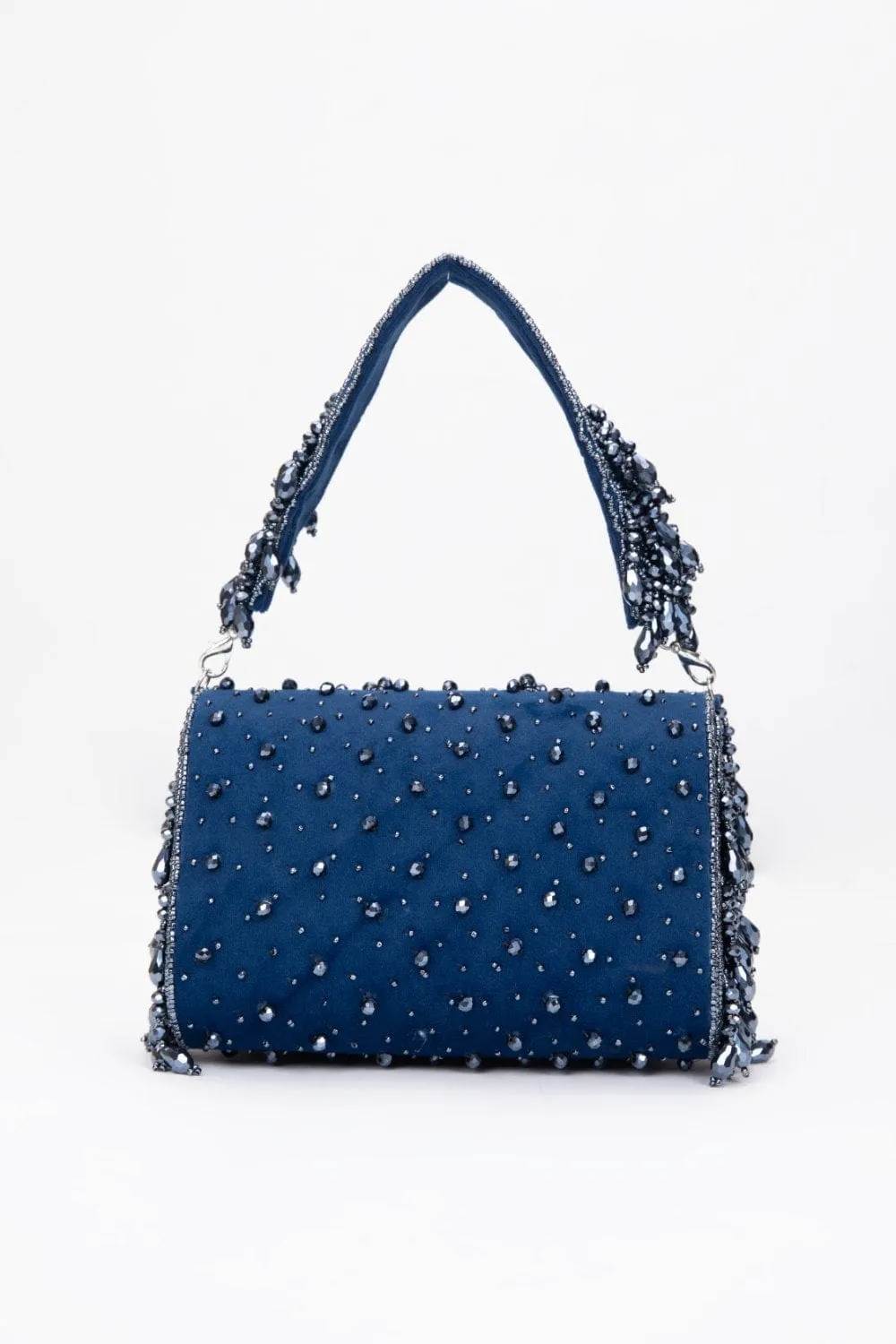 Navy Blue Beaded Party Handbag With Elegant Design