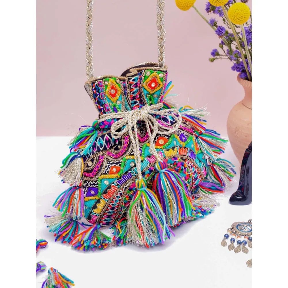 PS Accessories by Payal Singhal Payal Singhal Amritsar Black Dupion Silk And Chanderi Stripe Embroidered Potli
