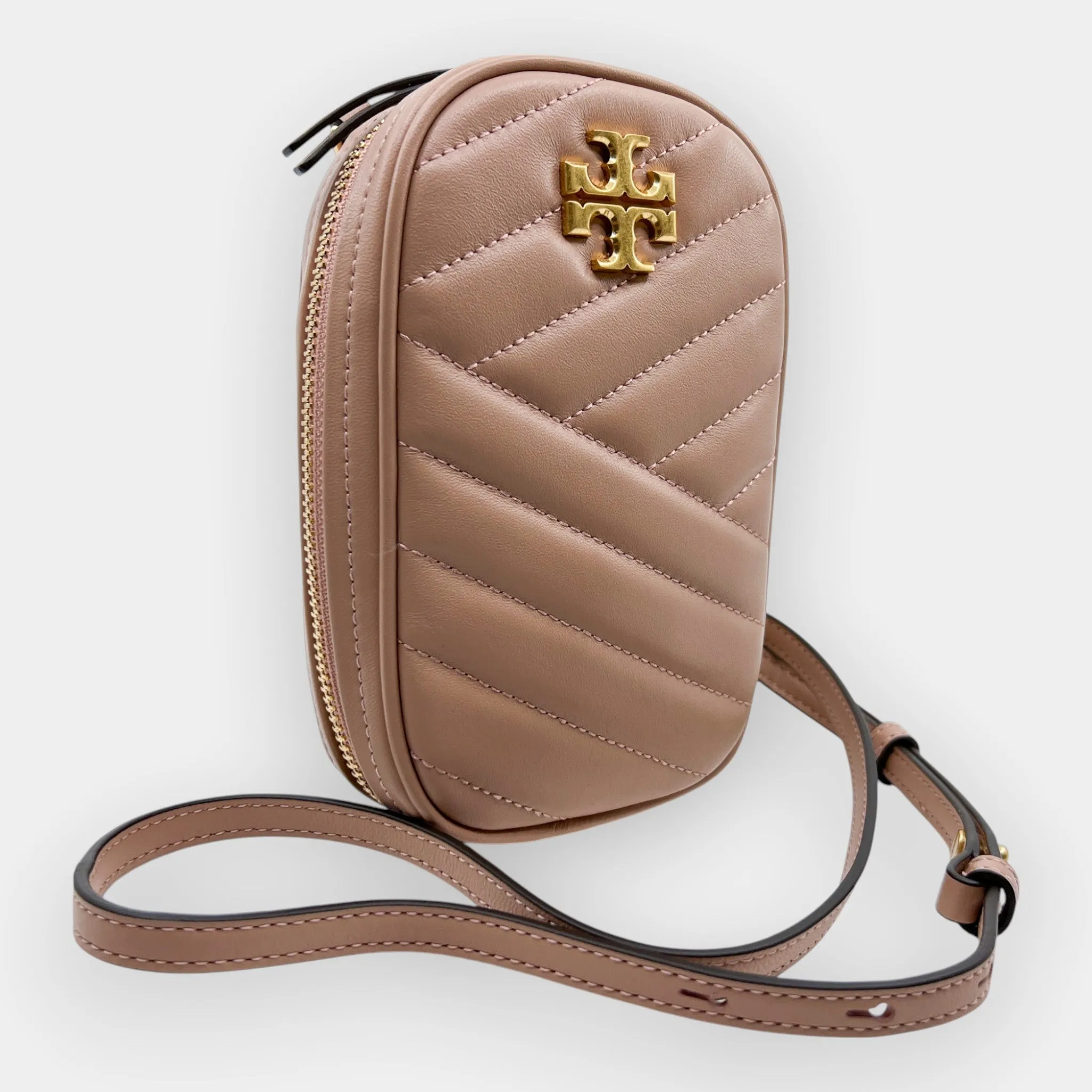 Tory Burch Rose Gold Leather Kira Chevron Quilted Crossbody Bag