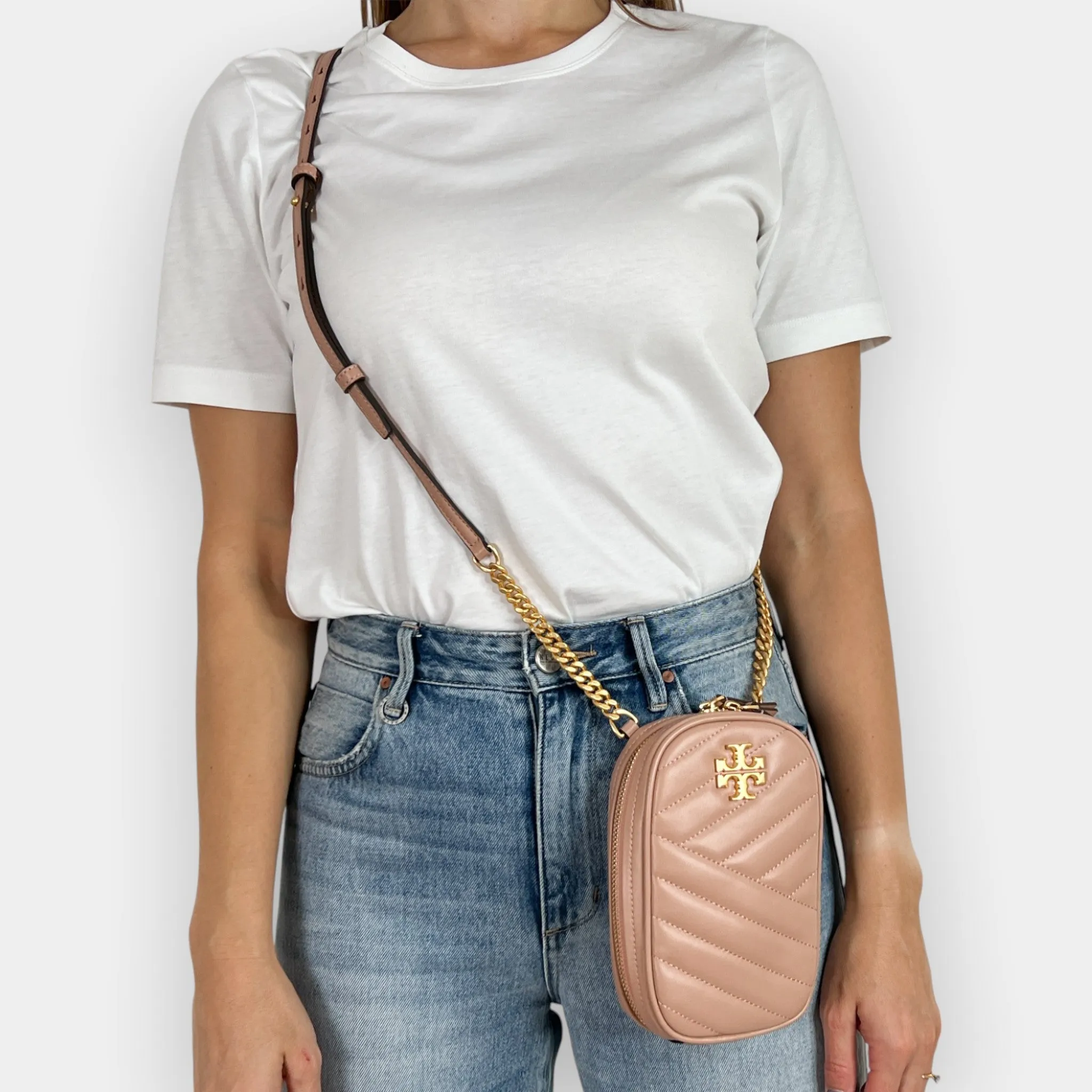 Tory Burch Rose Gold Leather Kira Chevron Quilted Crossbody Bag