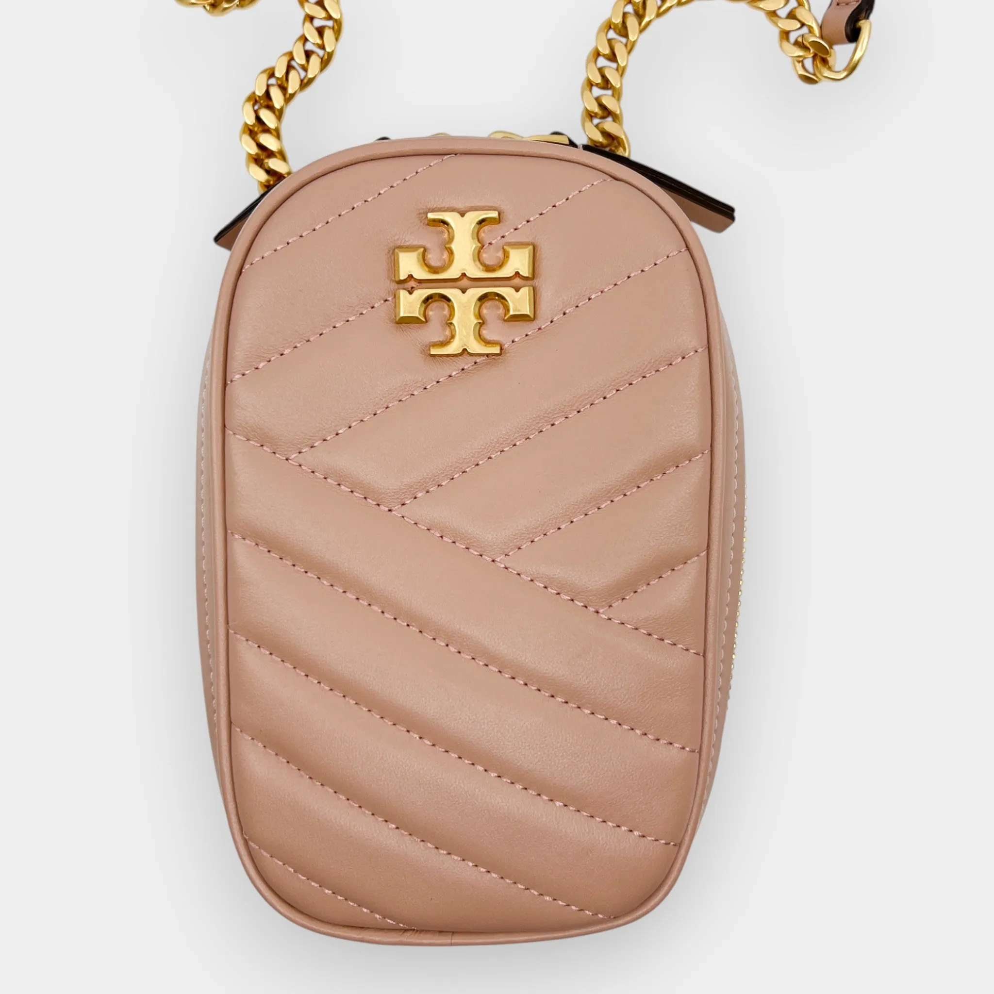 Tory Burch Rose Gold Leather Kira Chevron Quilted Crossbody Bag