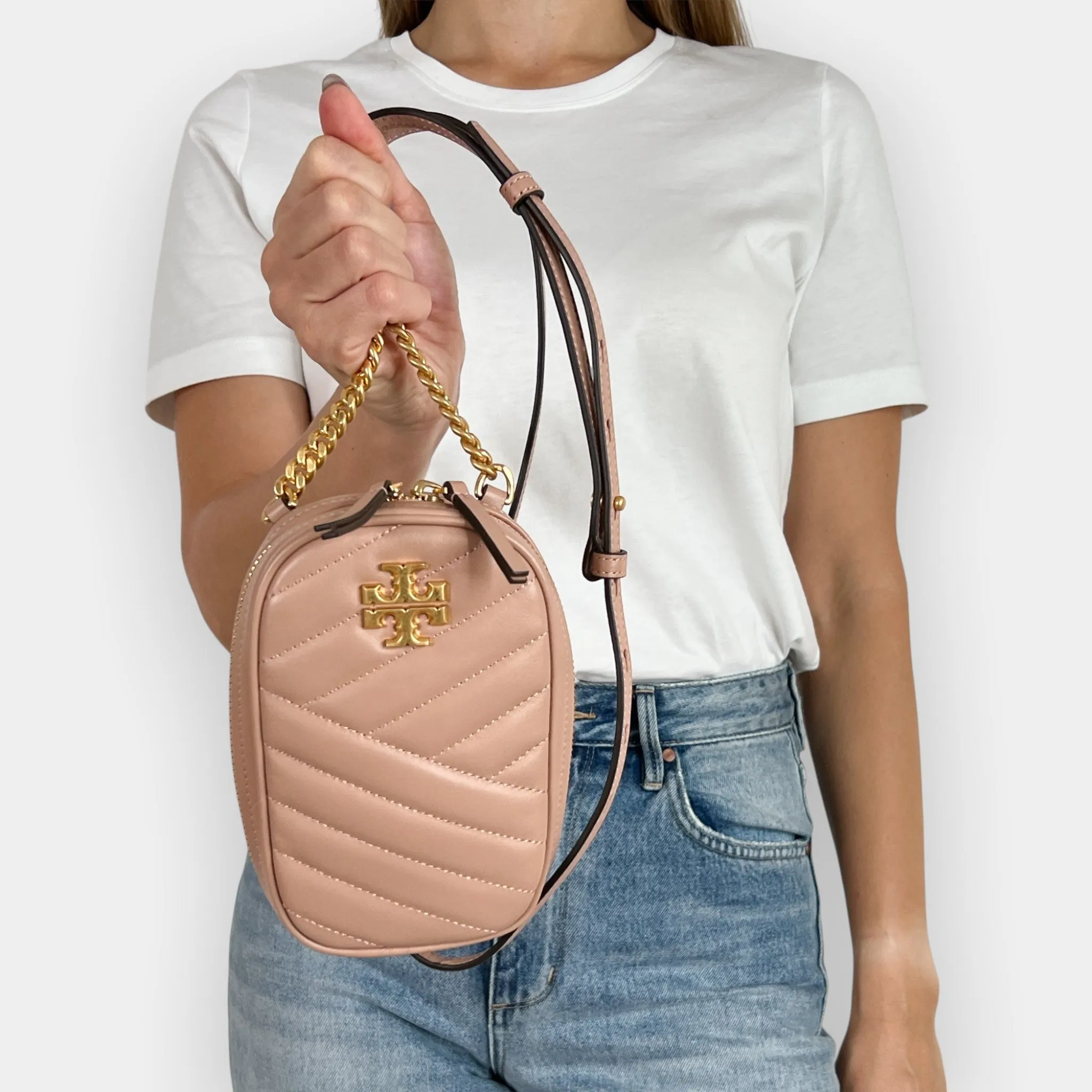 Tory Burch Rose Gold Leather Kira Chevron Quilted Crossbody Bag