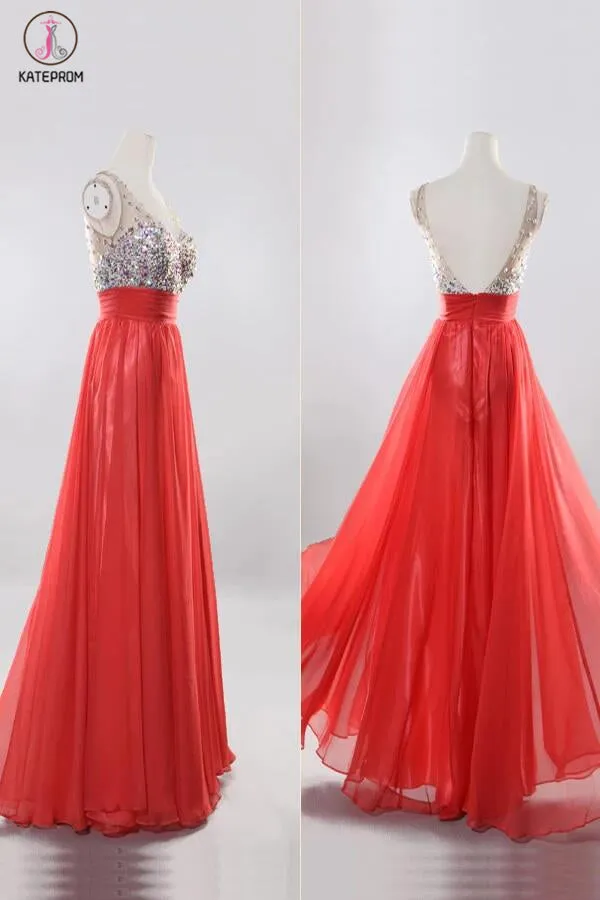 V-neck Beaded Red Long Backless Prom Evening Dresses KPP0062
