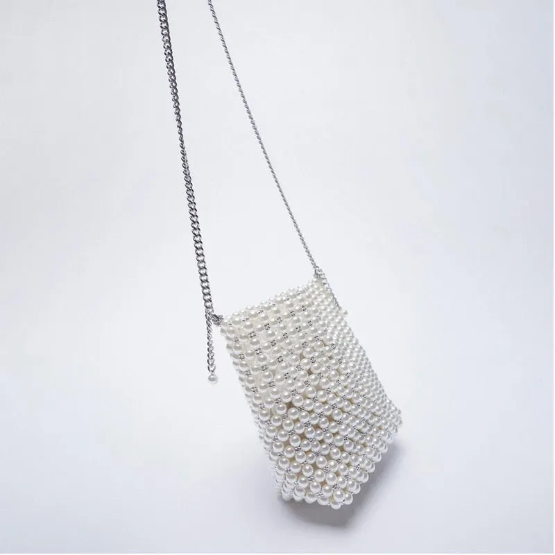ZA New Pearl Beaded Bag White Beaded Fairy Portable Messenger Bags with Chain Female Purses and Handbags Cross Body Bag Woman