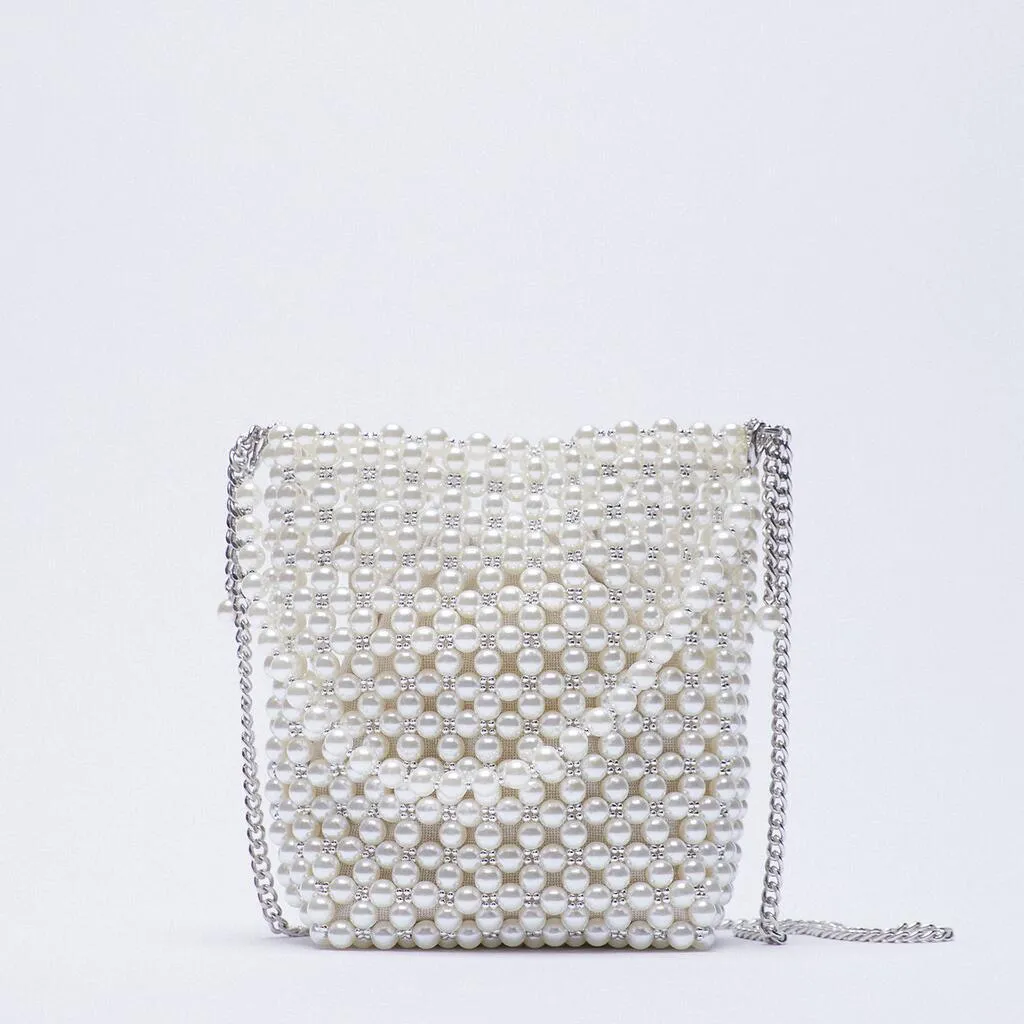 ZA New Pearl Beaded Bag White Beaded Fairy Portable Messenger Bags with Chain Female Purses and Handbags Cross Body Bag Woman