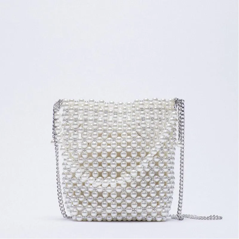 ZA New Pearl Beaded Bag White Beaded Fairy Portable Messenger Bags with Chain Female Purses and Handbags Cross Body Bag Woman